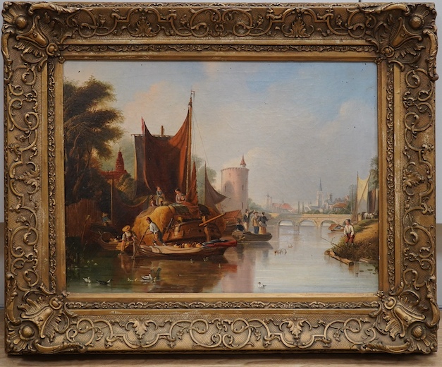 Late 19th / early 20th century, Dutch School, oil on canvas, Barges on a river, Christie’s SS5VZ stencil verso, unsigned, 29 x 38cm, ornate gilt framed. Condition - fair